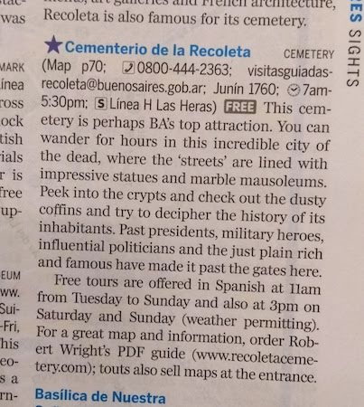 Recoleta Cemetery, Buenos Aires, Lonely Planet, 2018, 11th edition