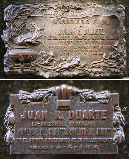 Recoleta Cemetery, Buenos Aires, Juan Duarte plaques